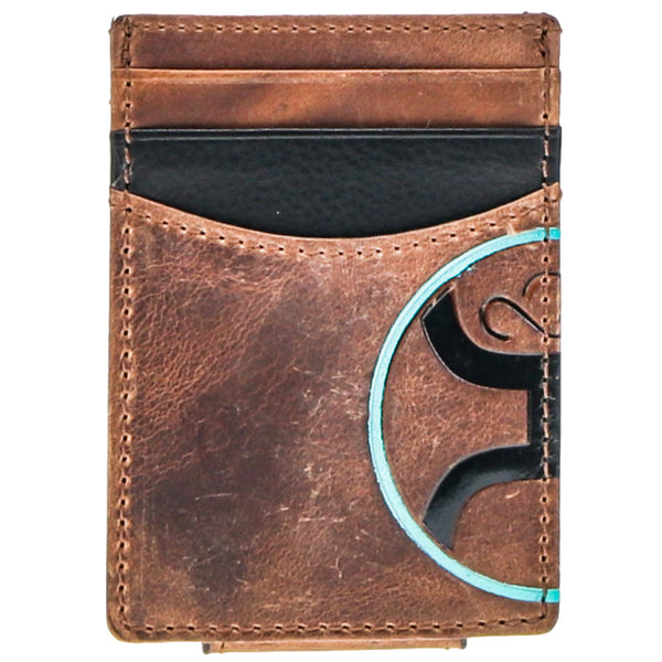 brown leather wallet with black card insert, black Hooey logo and teal detail