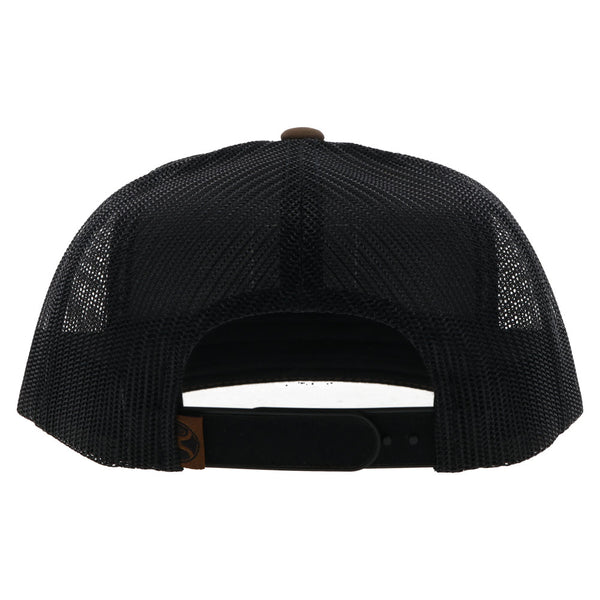 back of hooey snapback hat with black mesh, and brown and black tag