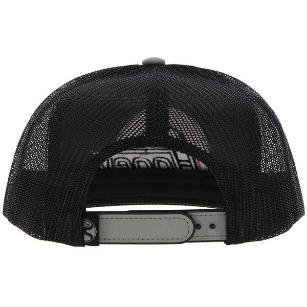 the back of a black and grey hooey hat with black mesh and grey snap bands