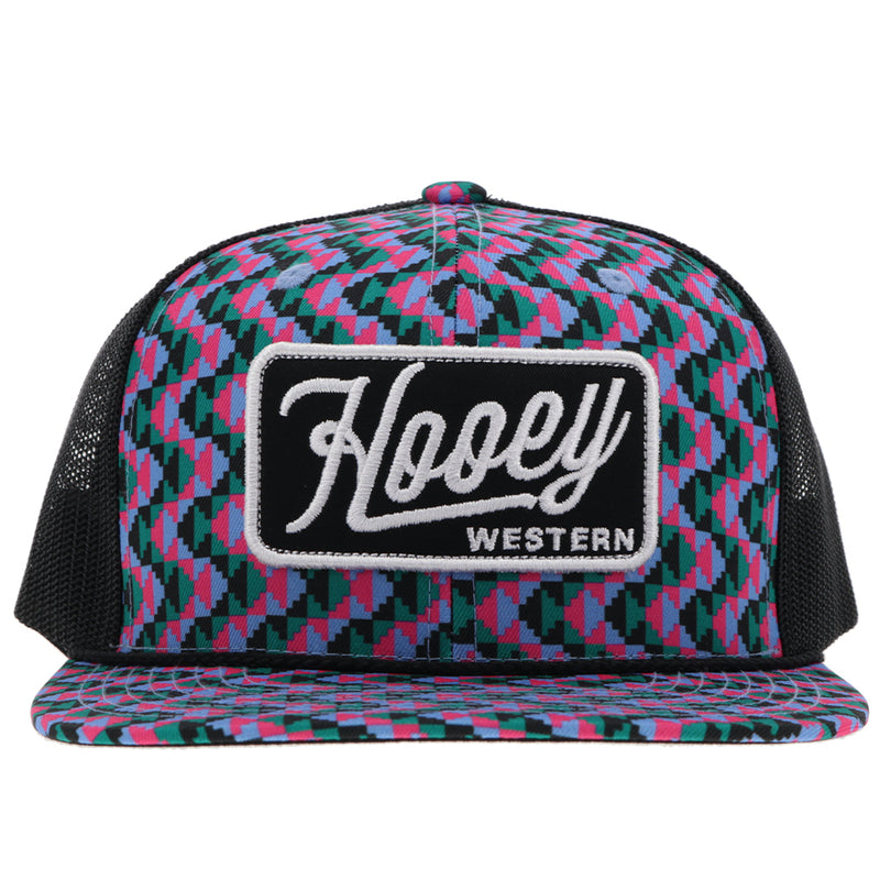 front of Hooey Wester hat with pink, blue, green, black Aztec pattern on front and top of bill