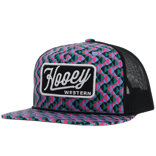 Hooey Western hat with black mesh and pink, blue, green, black Aztec pattern on front