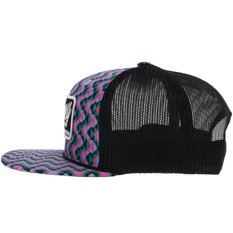 left side profile of Hooey hat with black mesh and pink, black, blue, green Aztec pattern on front