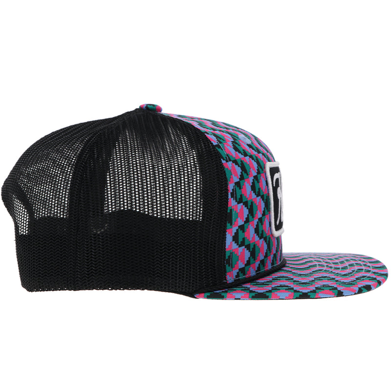 right side profile of Hooey hat with black mesh and pink, black, blue, green pattern on front