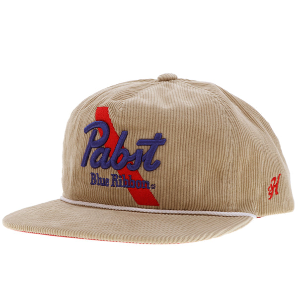 Pabst x Hooey tan corduroy hat with white rope detail in the crease and blue and red Pabst logo patch on front