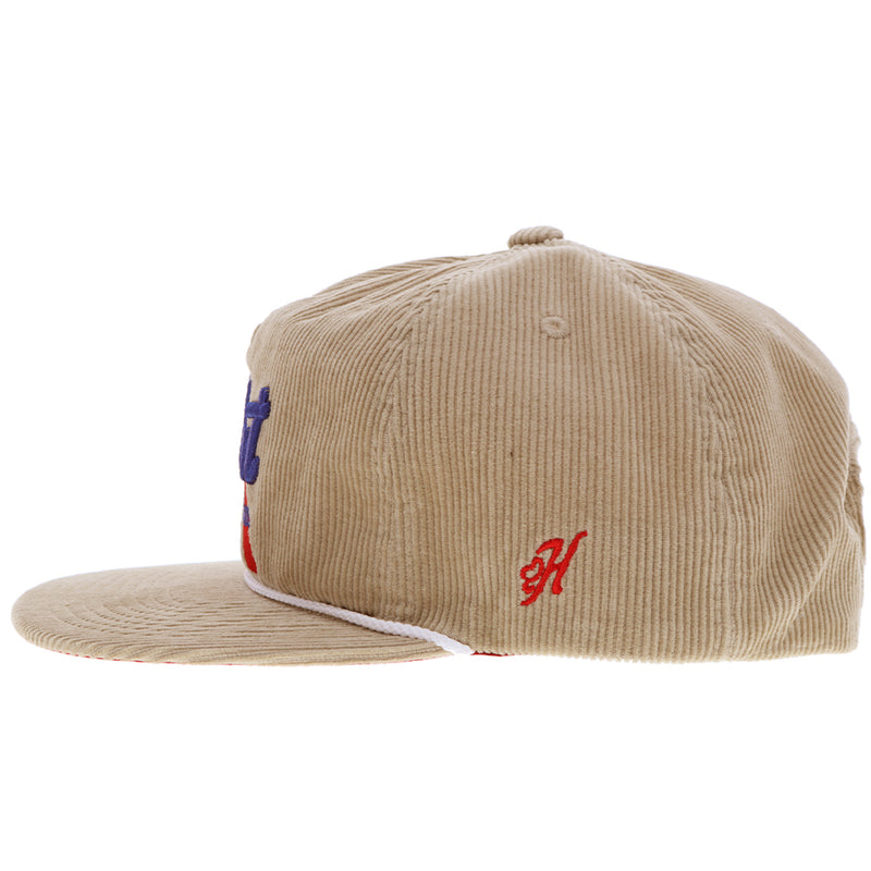 left side of tan corduroy Hooey x Pabst hat with red H logo and white rope detail