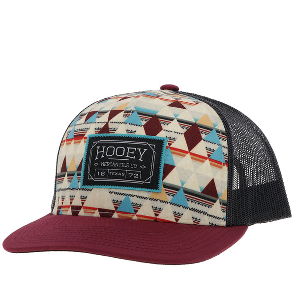 burgundy and black hat with multi colored pattern hat