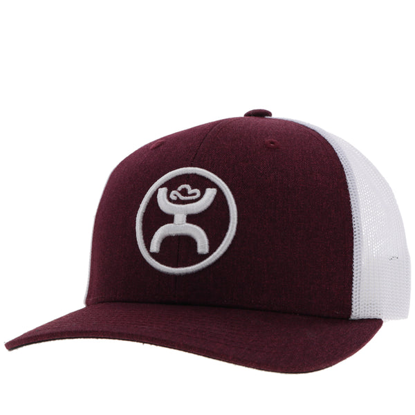 maroon and white hooey hat with white logo patch
