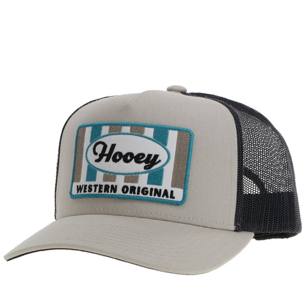 grey and black Hooey hat with orange and blue striped patch
