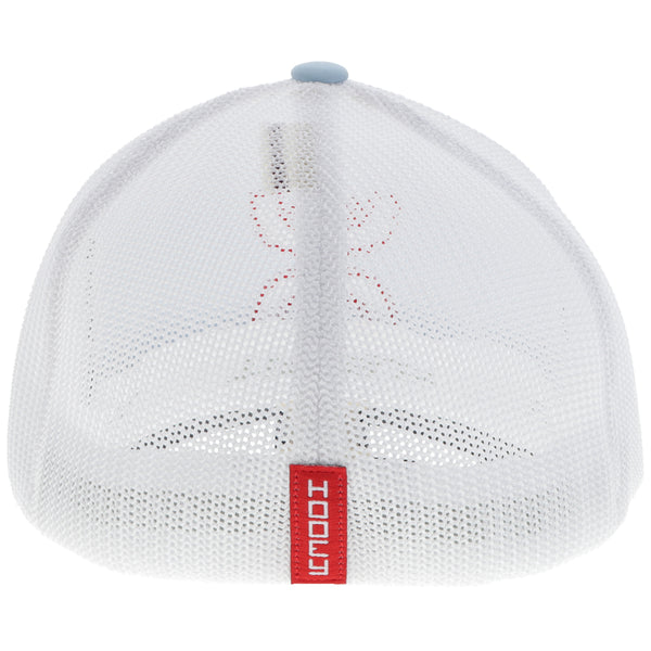 the back of the light blue and white hooey hat with red and white logo tag