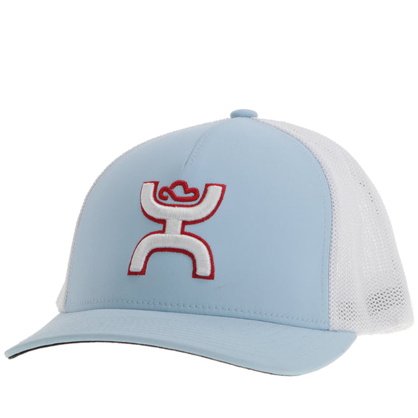 light blue and white Hooey hat with red and white Hooey logo