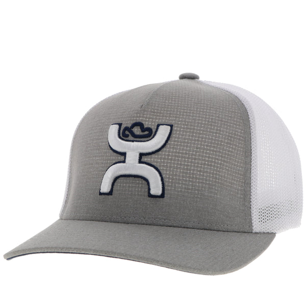 grey hat with white mesh and black and white Hooey logo