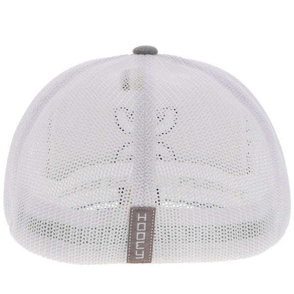 back of grey hooey hat with white mesh, flex fit with grey Hooey logo tag