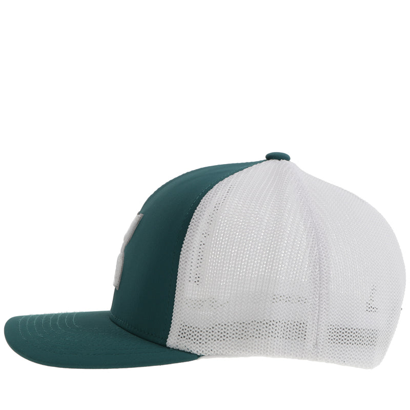 left side of green and white hooey hat