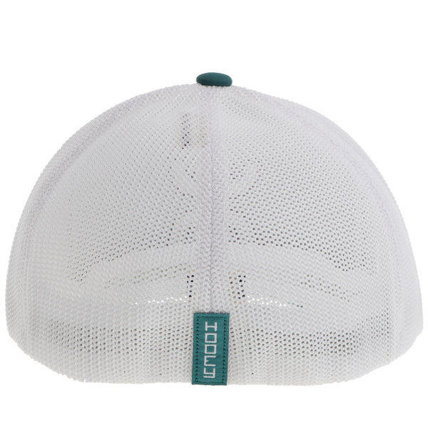 back of green and white, flexfit hooey hat with green and white tag
