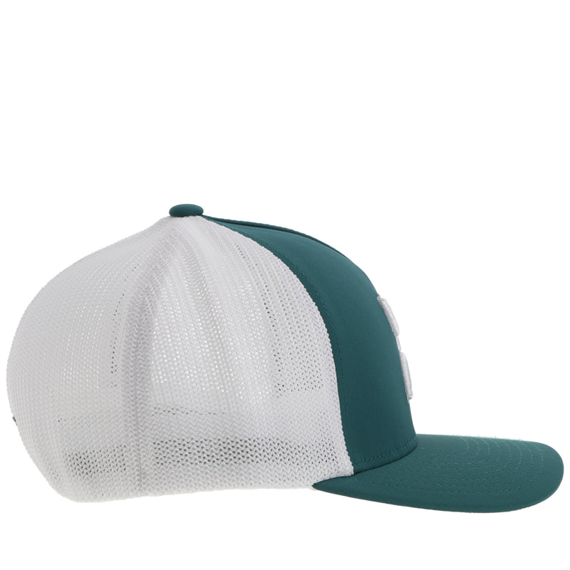 right side of the white and green hooey hat