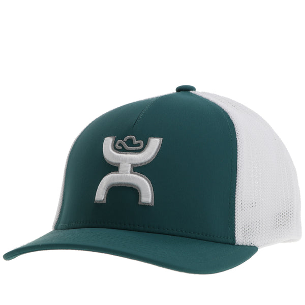 green and white hooey hat with white and grey hooey logo patch