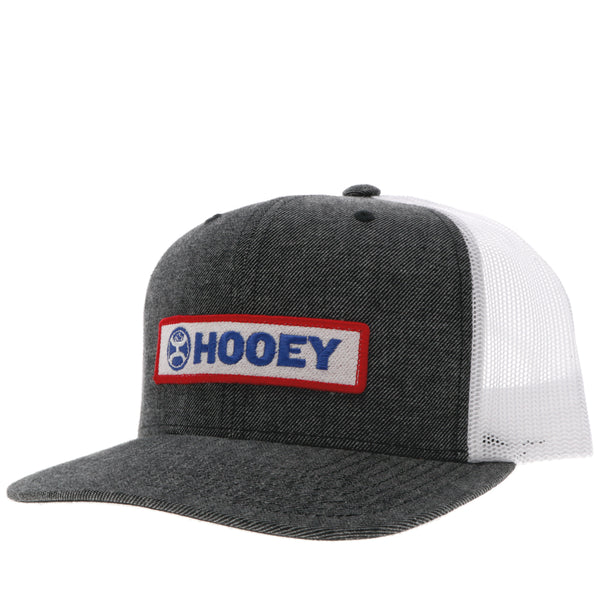 heather grey and white hat with red, blue, and white, rectangle, Hooey patch