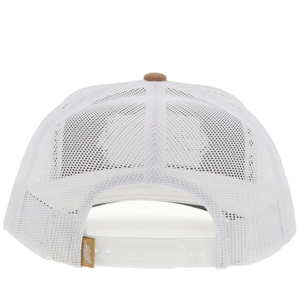 back of tan and white hat with white mesh