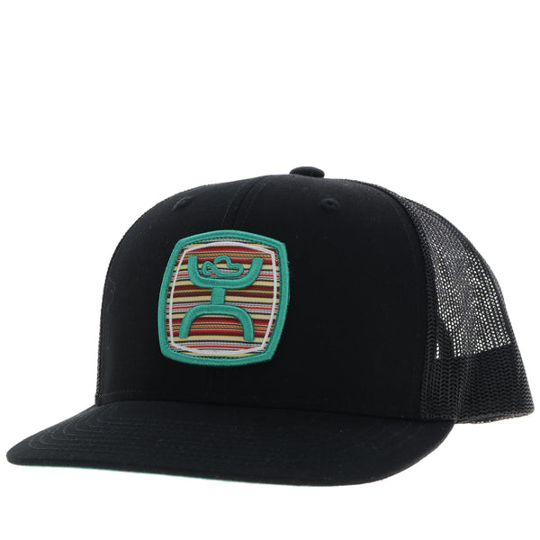 all black Hooey hat with teal and serape Hooey patch