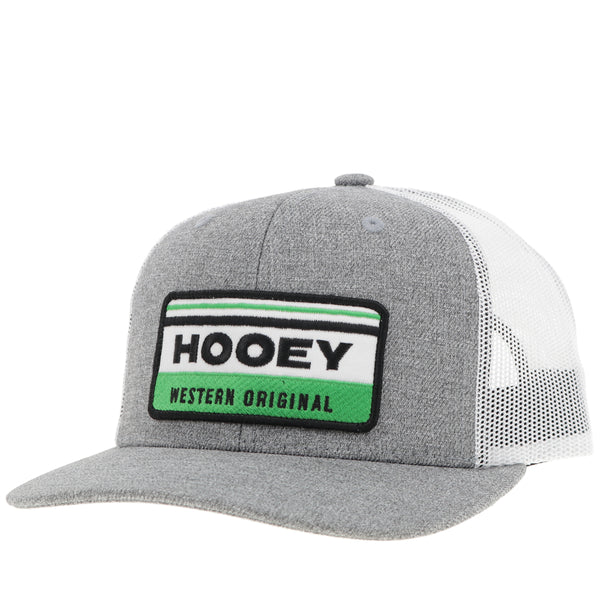 heather grey and white hat with a green, white and black Hooey Western Original patch