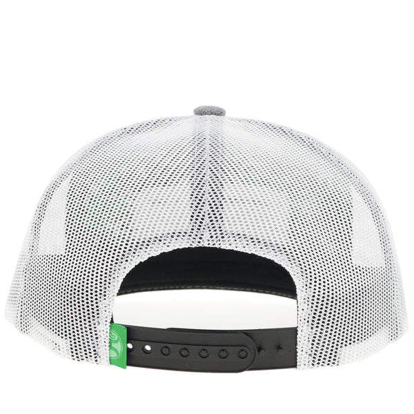 back of hooey hat with white mesh and grey snap bands