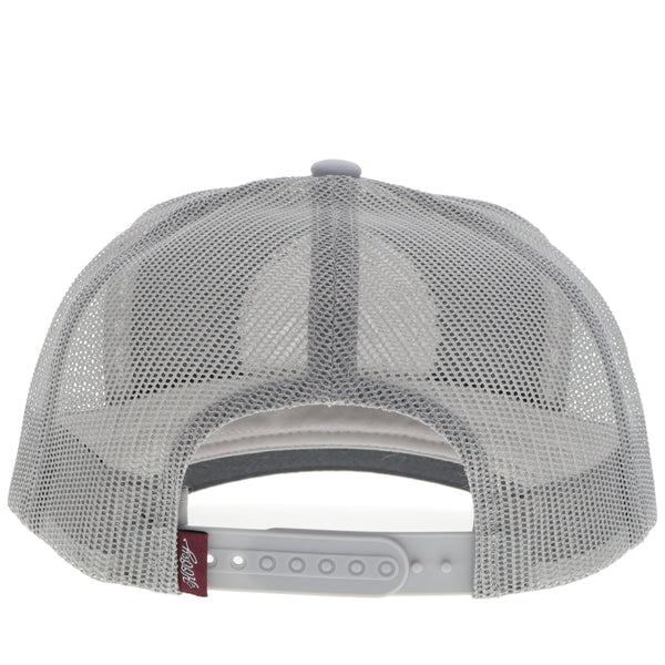 the back of hooey hat with light grey mesh and snap bands