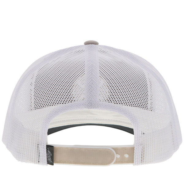 back of tan, white, and light grey Hooey hat