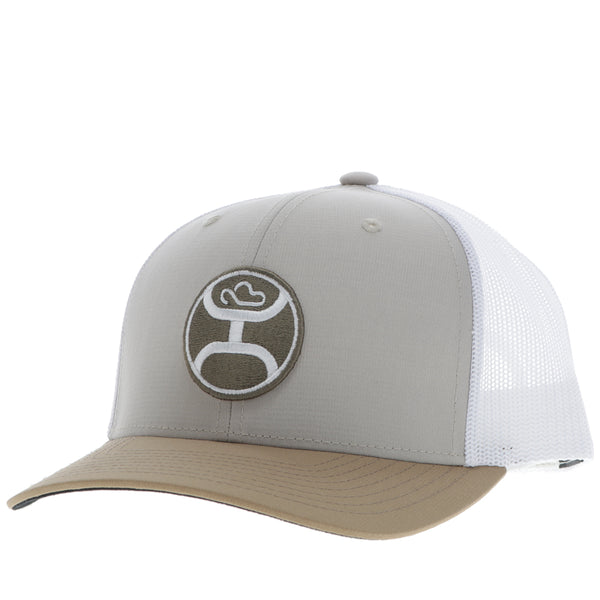 white, tan, and light grey Hooey hat with black and white Hooey patch
