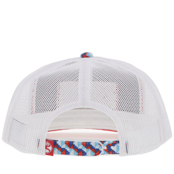 back of hooey hat with white mesh and red, white, and blue multi pattern snap bands