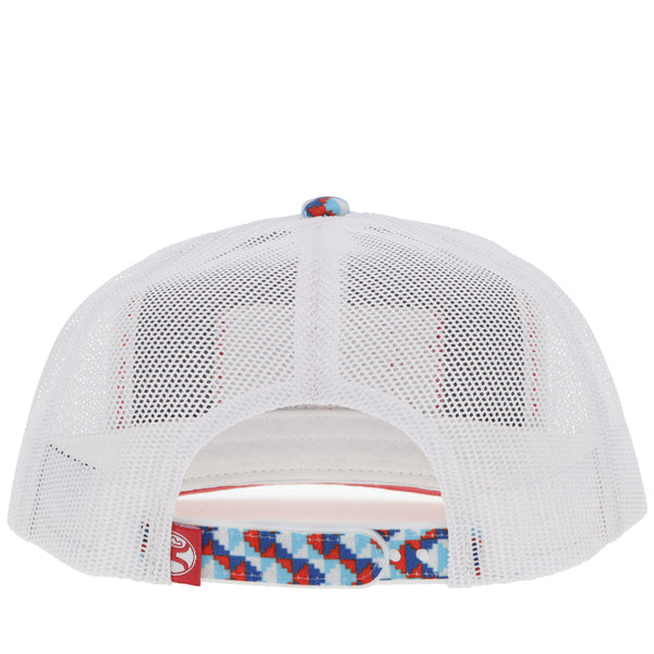 back of hooey hat with white mesh and dark and light blue, red, and white multi pattern on snap bands
