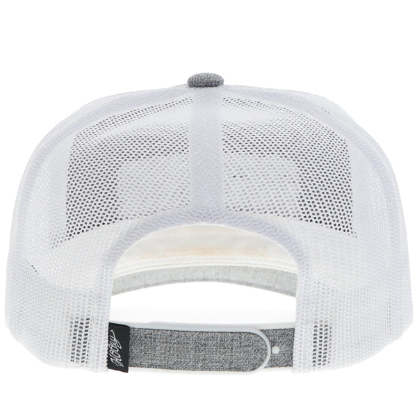 back of heather grey and white Rodeo hat with white mesh and heather grey snap bands
