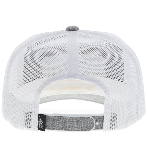 back of heather grey RODEO hat with white mesh