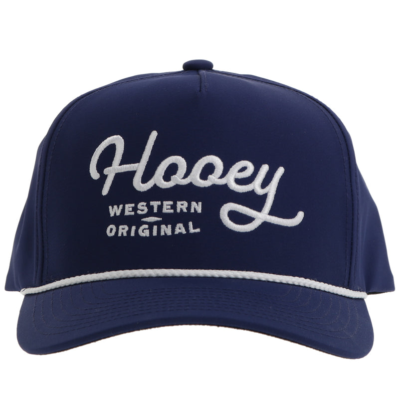 front of navy blue Hooey Western Original hat with white rope detail and logo stitching