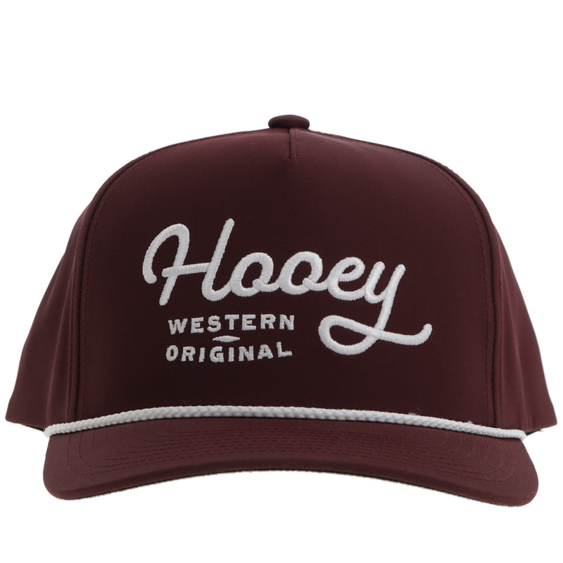the front of the maroon hat with white rope detail and logo stitching
