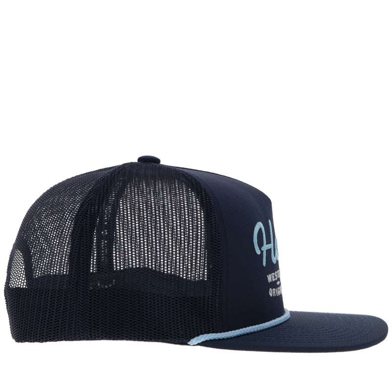 right side of black Hooey Western Original hat with light blue rope detail and logo stitching