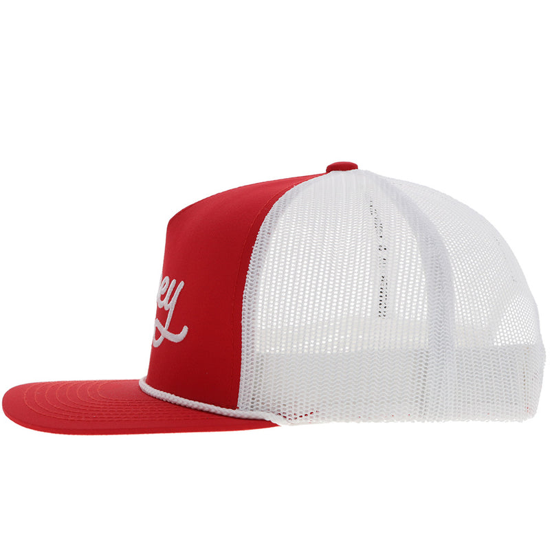 left side of the red and white Hooey Western Original hat with white rope detail and mesh