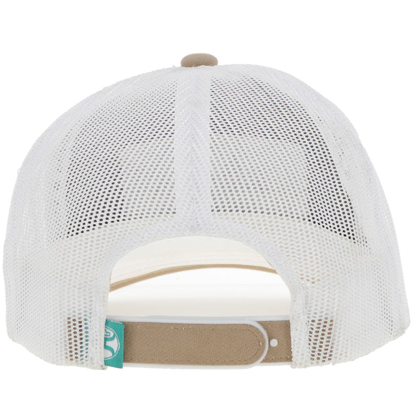 back of tan hooey hat with white mesh