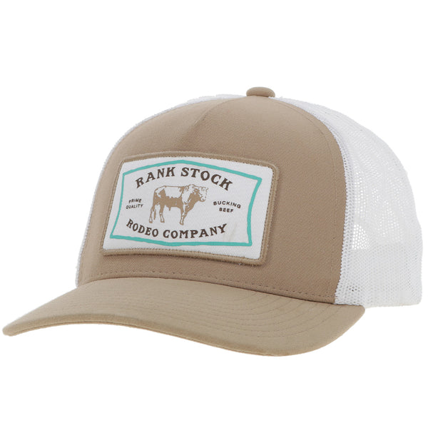ran and white rank stock hooey hat with blue and white patch