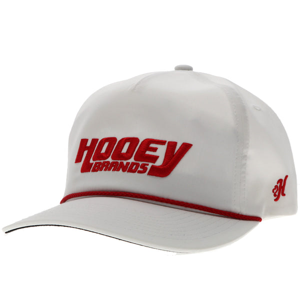 red and white Hooey brands hat with embroidered logo