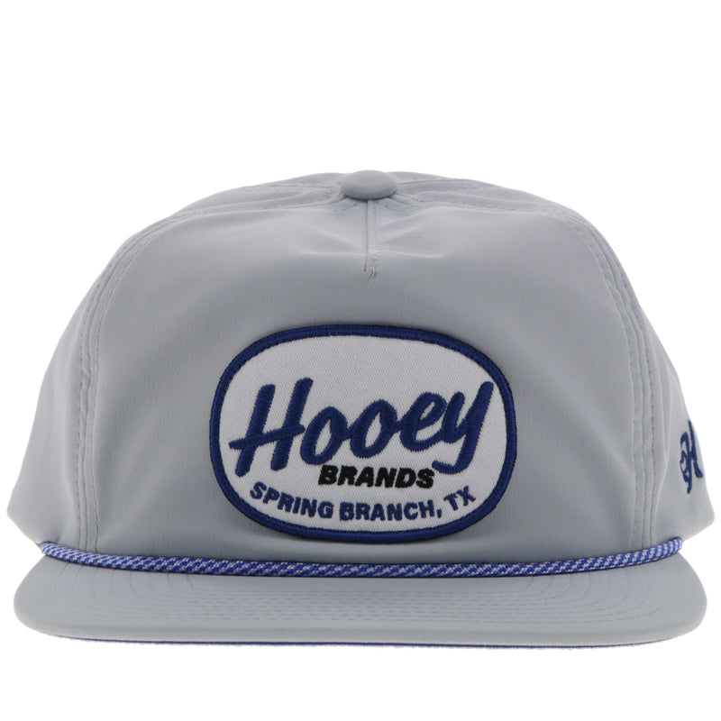 front of all grey hooey local hat with blue rope detail and blue and white patch