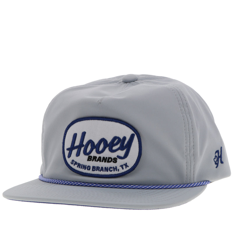 all grey hooey hat with blue rope detail and a blue and white patch
