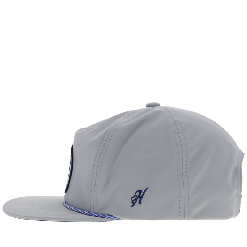 left side of all grey hat with blue rope detail and embroidered H logo