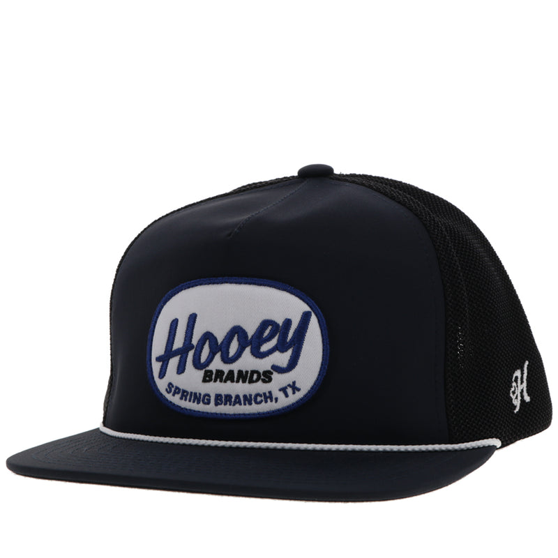 all black hooey hat with white rope detail and blue and white logo patch