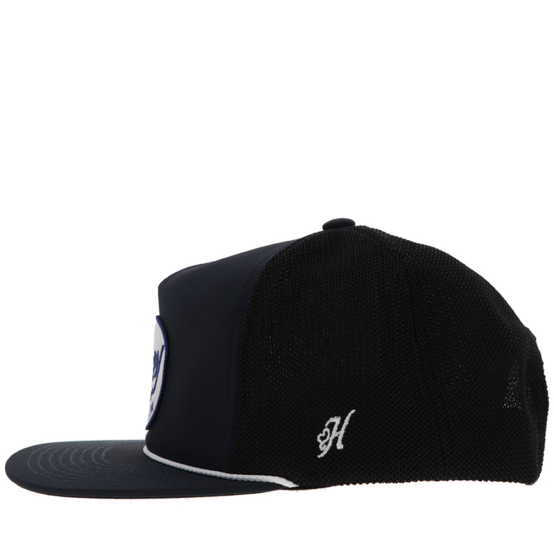 right side of all black Hooey hat with a white rope detail ad embroidered H logo