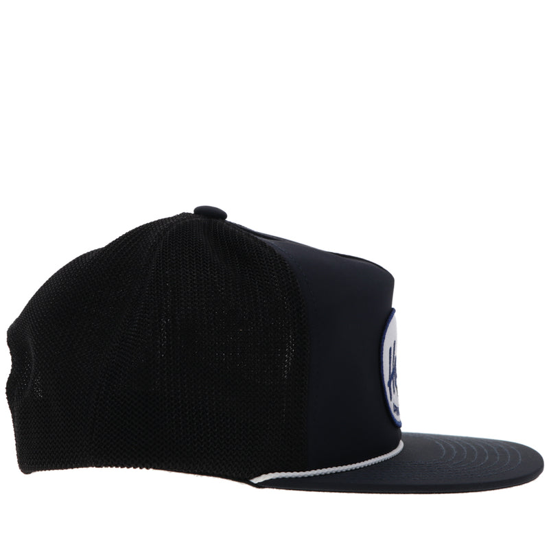 right side of all black hooey hat with white rope detail