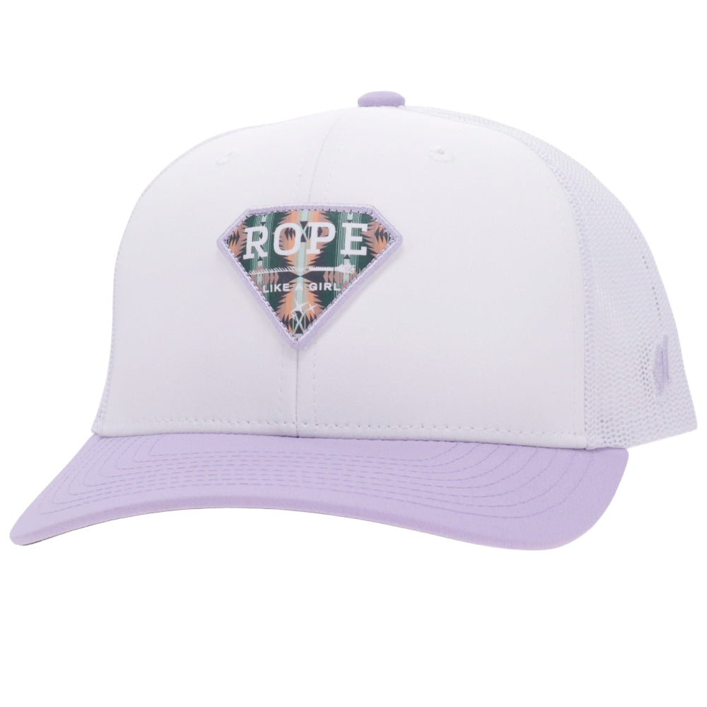 Rope Like A Girl 6-Panel Trucker Snapback Hat White/Purple