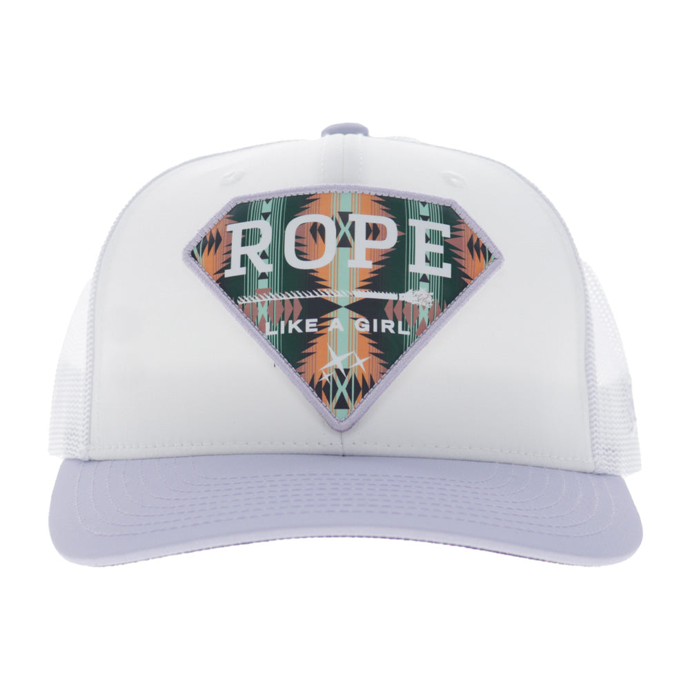 Rope Like A Girl 6-Panel Trucker Snapback Hat White/Purple