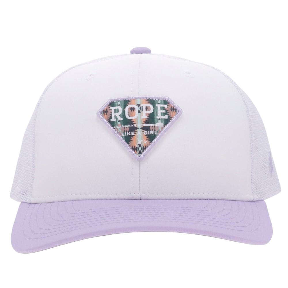 Rope Like A Girl 6-Panel Trucker Snapback Hat White/Purple