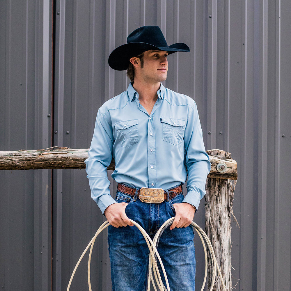 "Sol" Ashley Blue Long Sleeve Pearl Snap Shirt