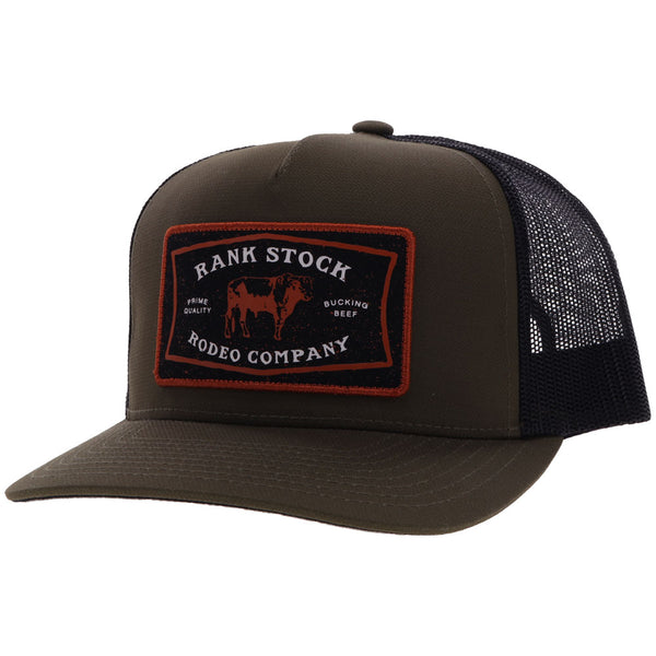 front of olive and black rank stock rodeo company hat